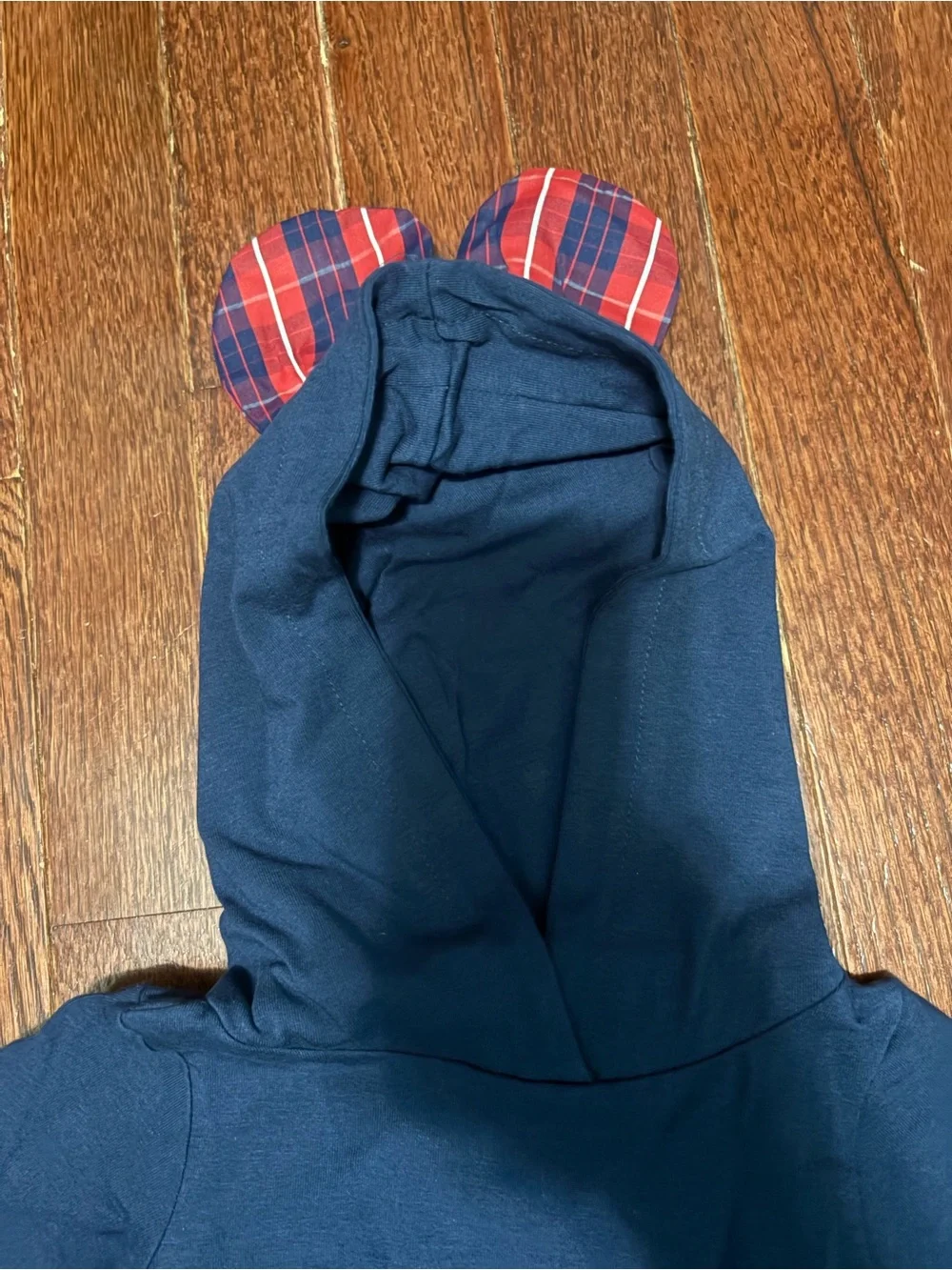 Ann Loren Navy One-Piece with Red Plaid Hood & Pocket